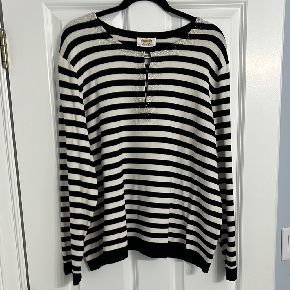Talbots  Black and White Striped Sweater with beadwork across neck and front